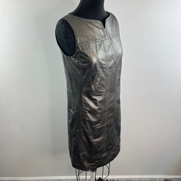 Elie Tahari Asphalt Black Mini Shift Dress Leather Split Neck Back Zip Size 6 - Picture 5 of 11